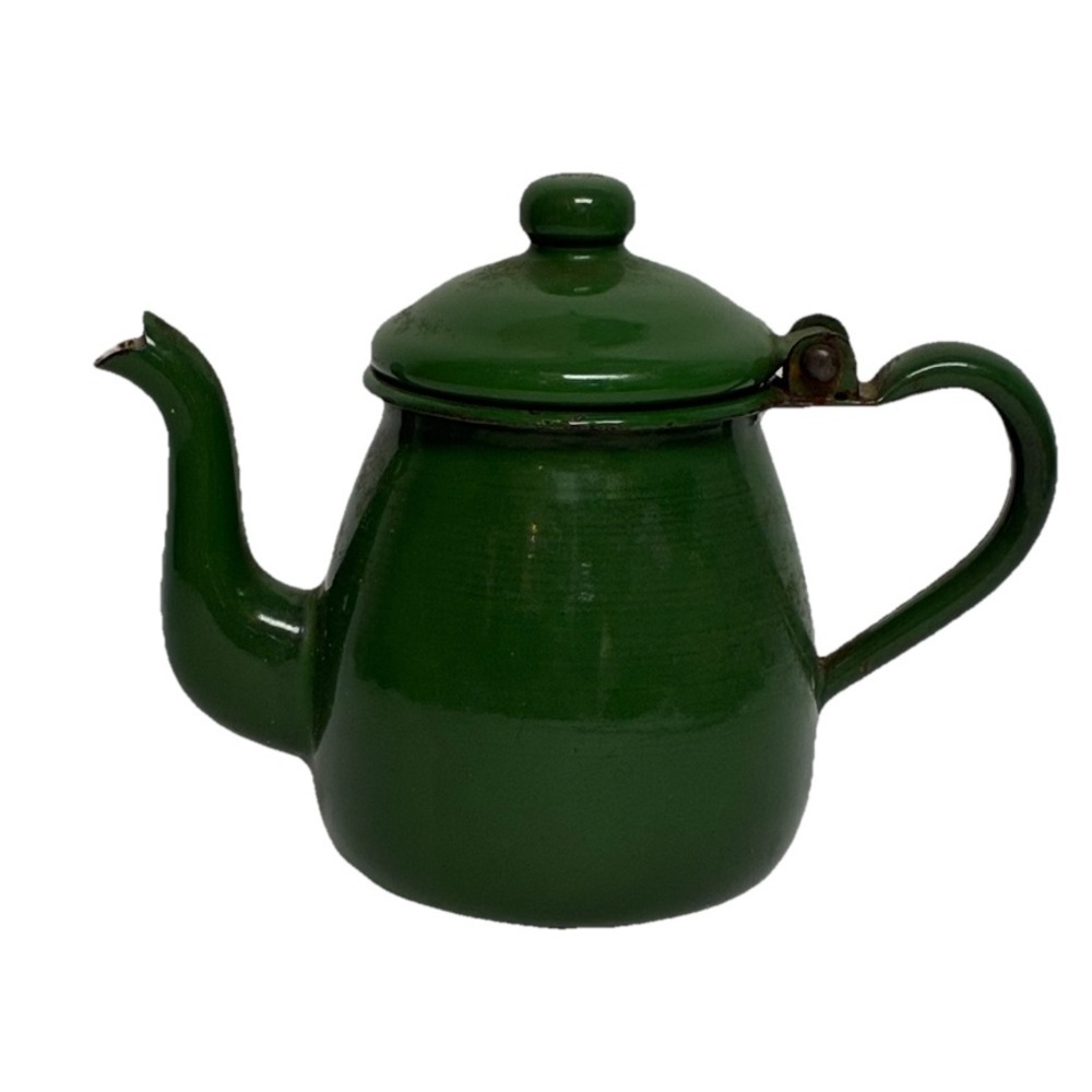 Teapot 4in X 5.5in Green Metal Hinged Vintage